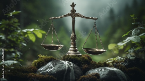 Harmony between law and environmental sustainability. The scales evoke the pursuit of ecological justice and the importance of maintaining an eco - equilibrium in legal frameworks photo