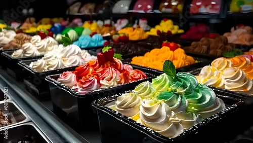 Vibrant gelato shop with colorful flavors in artisanal containers capturing Italian sweetness . Concept Gelato Flavors, Artisanal Containers, Italian Sweetness, Vibrant Shop, Colorful Display photo