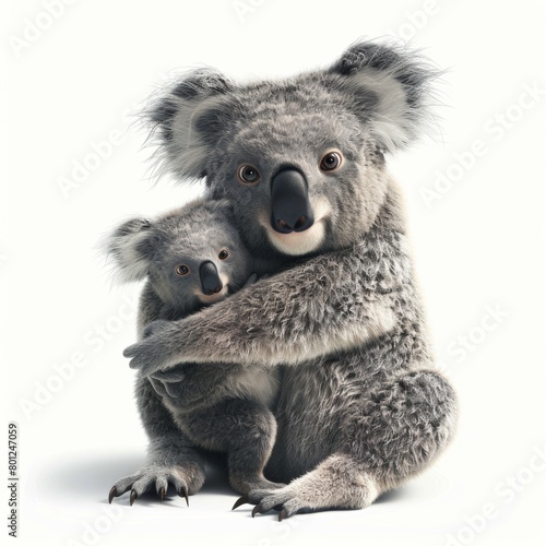 Koala bear with cub. 3D rendering cute animal isolated over white background.
