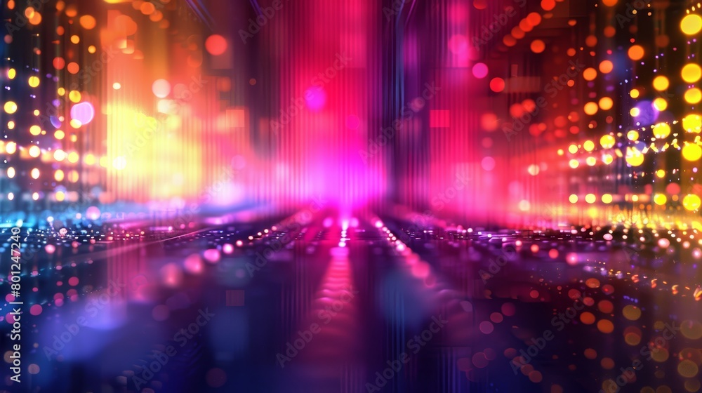 Vibrant digital abstract of a futuristic cityscape with glowing neon lights and dynamic data streams