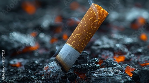 A solitary cigarette stands amid smoldering coals, a stark reminder of the destructive impact of smoking on health