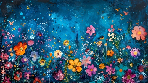 colorful hues of flowers dancing in the blue sky illustration poster background © jinzhen