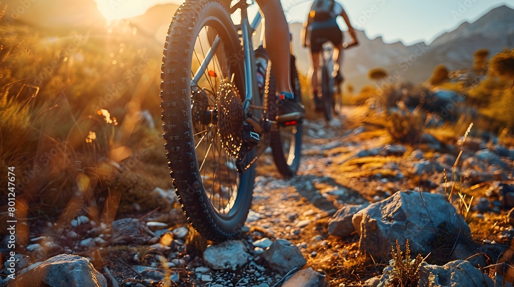 Active cyclist biker enjoys sport and transport in the outdoor mountain landscape, promoting a motivation for an active lifestyle against a background of action. at sunrise Active cyclist biker enjoys sport and transport in the outdoor mountain landscape, promoting a motivation for an active lifestyle against a background of action. at sunrise