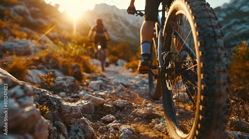Active cyclist biker enjoys sport and transport in the outdoor mountain landscape, promoting a motivation for an active lifestyle against a background of action. at sunrise