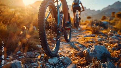 Active cyclist biker enjoys sport and transport in the outdoor mountain landscape, promoting a motivation for an active lifestyle against a background of action. at sunrise