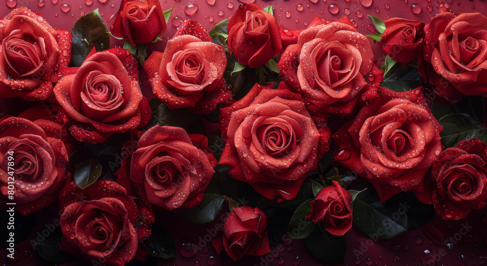 Generative ai illustration of a red roses bouquet with dew drops on the petals Generative ai illustration of a red roses bouquet with dew drops on the petals