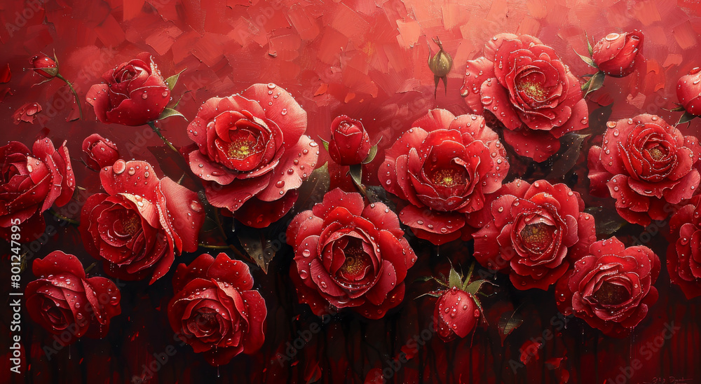 Generative ai illustration of a red roses bouquet with dew drops on the petals Generative ai illustration of a red roses bouquet with dew drops on the petals