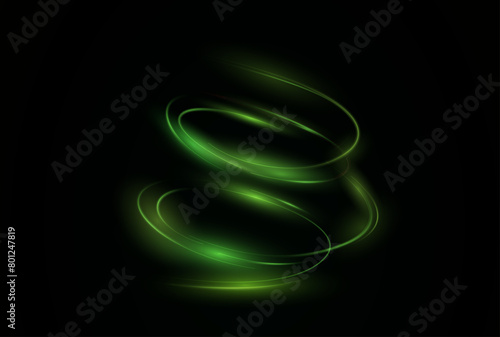 Fresh wind swirls with green leaves and glitter and neon green lines . Cool air twirl and swirl effect with flying mint leaves. Light effect for advertising of refreshing drinks, cocktails