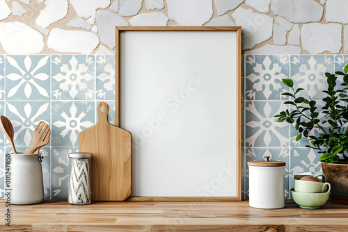 A wooden table with a vertical picture frame for wall art mockup. Herbs and vintage tiles wall in kitchen interior. © Iryna