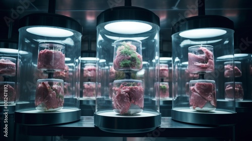 Laboratory grown artificial meat concept showcasing the future of food with cultured beef, a sustainable and ethical alternative to traditional meat production photo