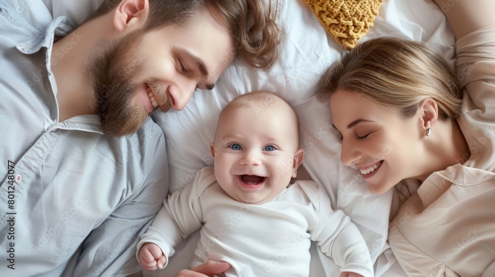 Top view of cute baby with dad and mom in bed. Happy family.