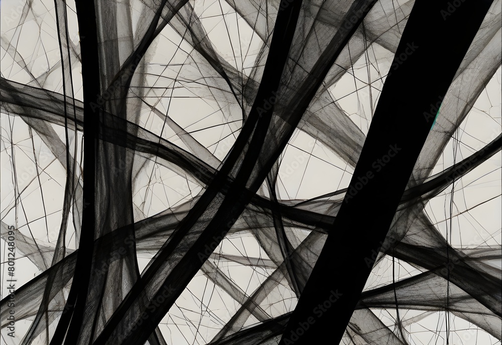 Interlocking lines and curves in black ink, forming a complex, abstract network, generative AI