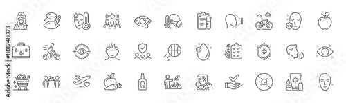 Eco bike, No sun and Health eye line icons. Pack of Cyclist, Alcohol free, Prescription drugs icon. Fever, Sunscreen, Eye target pictogram. Basketball, First aid, Medical analyzes. Line icons. Vector