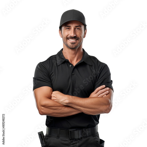 Portrait of a happy male police or security officer with arms crossed, smile in confidence isolated on transparent background