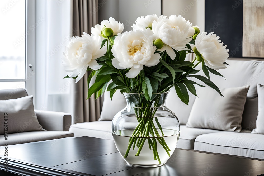 white peonies flowers in vase