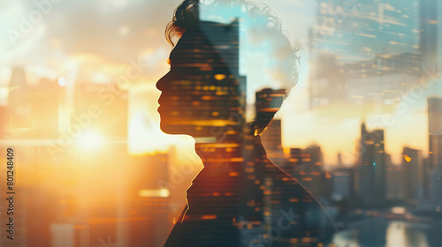 Silhouetted entrepreneur with a double exposure of startup and corporate worlds, illustrating the journey from innovation to industry recognition. Generative AI illustration  photo