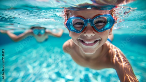Underwater portrait of happy child in swimming pool.