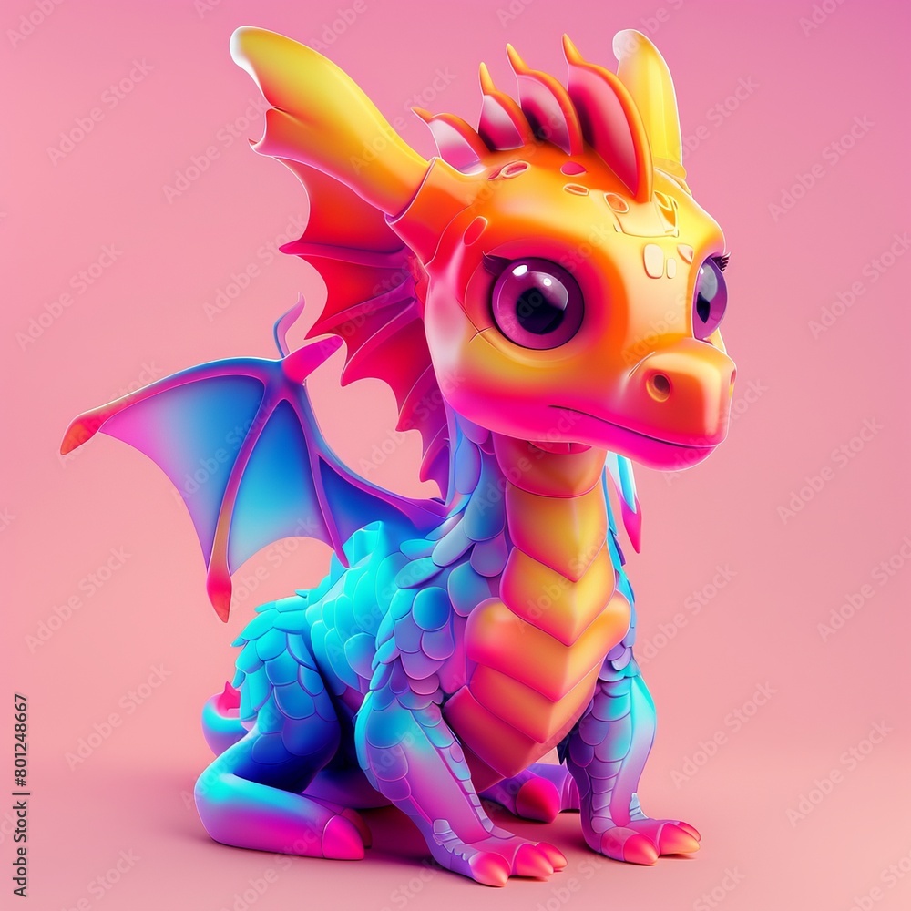 3D Colorfull illustration of Baby Dragon. Year of dragon 2024 illustration. Tiny fire dinosaur cute character.