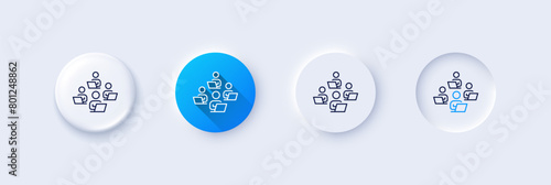 Teamwork line icon. Neumorphic, Blue gradient, 3d pin buttons. Remote office sign. Team employees symbol. Line icons. Neumorphic buttons with outline signs. Vector