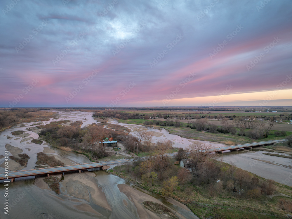 springtime sunrise over Platte River and plains near Kerney, Nebraska