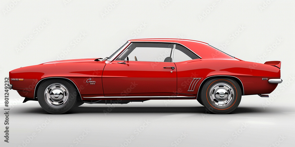 Side view of red american muscle car in white background Side view of red american muscle car in white background
