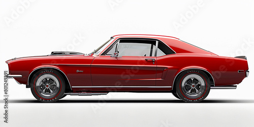 Side view of red american muscle car in white background