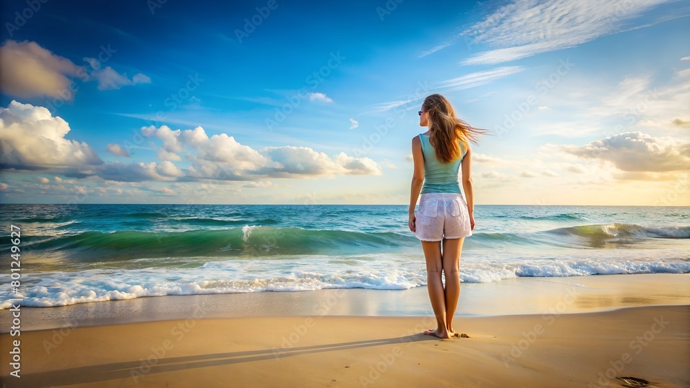 woman stand on the beach looking at horizon woman stand on the beach looking at horizon