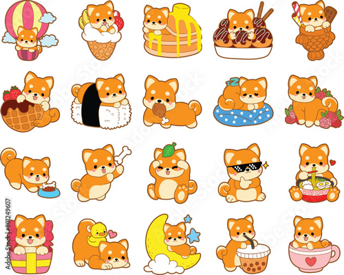 
Cute puppy kawaii dog lovely animal vector icon. Fluffy Shiba Inu pet stickers. Happy doggy activities illustrations.