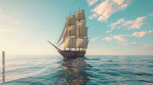 Sailing ship in sea water. Painting.