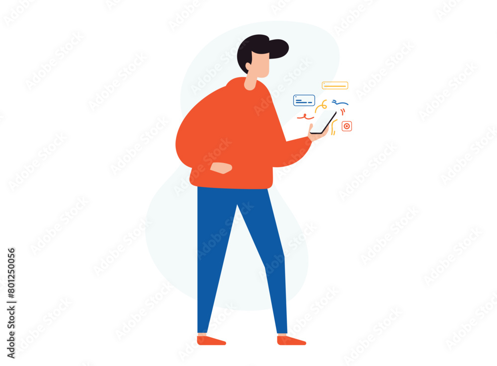 Flat cartoon man using smartphone. Vector illustration. Flat cartoon man using smartphone. Vector illustration.