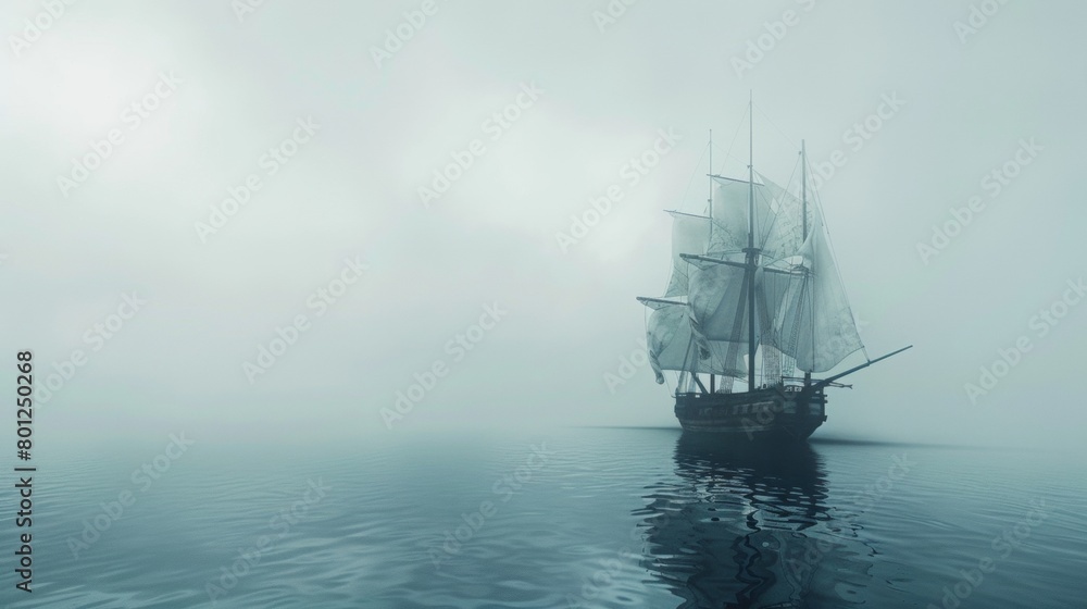 Sailing ship in sea water in heavy fog. Sailing ship in sea water in heavy fog.
