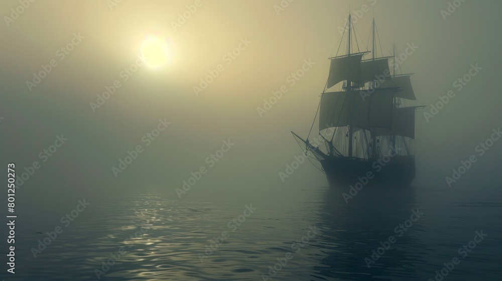 Sailing ship in sea water in heavy fog.