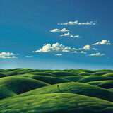 Serenity in Nature: A Solitary Figure amidst Rolling Hills under a Clear Blue Sky with Scattered Clouds