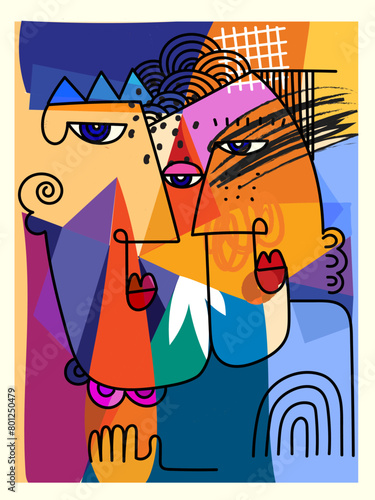 Group of colorful abstract face portrait cubism, decorative, doodle, line art hand drawn vector illustration wall art. © Suryadi