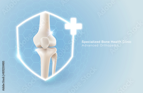 Specialized clinic for bone and knee health or care. Symbol of medical services It has a shield and plus symbol consisting of a straight leg bone on a background.  vector illustration file template.