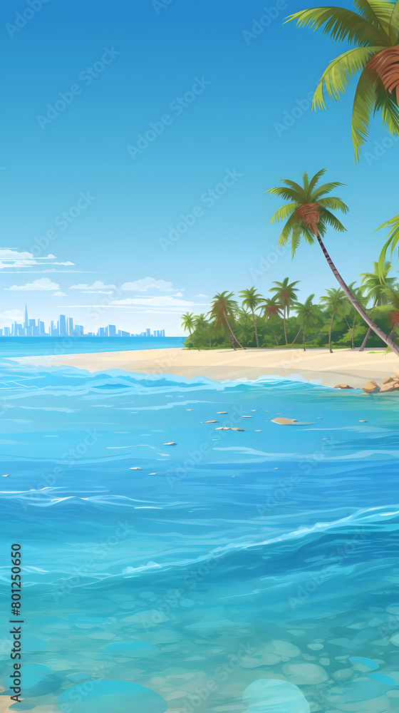 Coastal Calm, Palm Trees, Clear Blue Waters. Realistic Beach Landscape. Vector Background