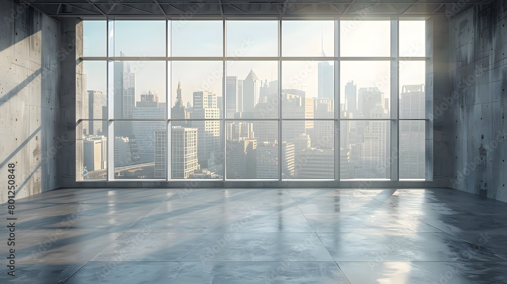 Empty grey concrete cement room. Studio for gym, yoga, dance. Room with concrete walls, a window, and sunlight streaming through. Empty grey concrete cement room. Studio for gym, yoga, dance. Room with concrete walls, a window, and sunlight streaming through.