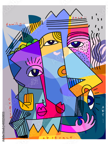 Group of colorful abstract face portrait cubism, decorative, doodle, line art hand drawn vector illustration wall art. © Suryadi