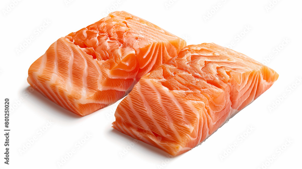 Two pieces of raw salmon on a white background Two pieces of raw salmon on a white background