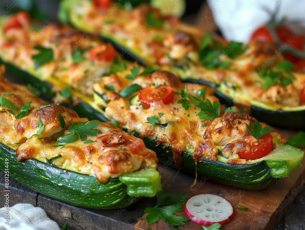 plump zucchinis stuffed with tender chicken, juicy tomatoes, and flavorful onions, topped with a golden cheese crust. With each bite, 