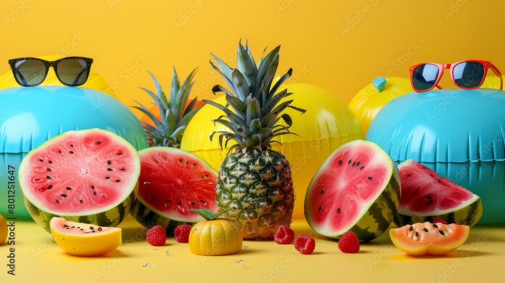 Summer fun captured with vibrant pineapples, watermelon slices, and colorful beach balls under a sunny yellow backdrop Summer fun captured with vibrant pineapples, watermelon slices, and colorful beach balls under a sunny yellow backdrop