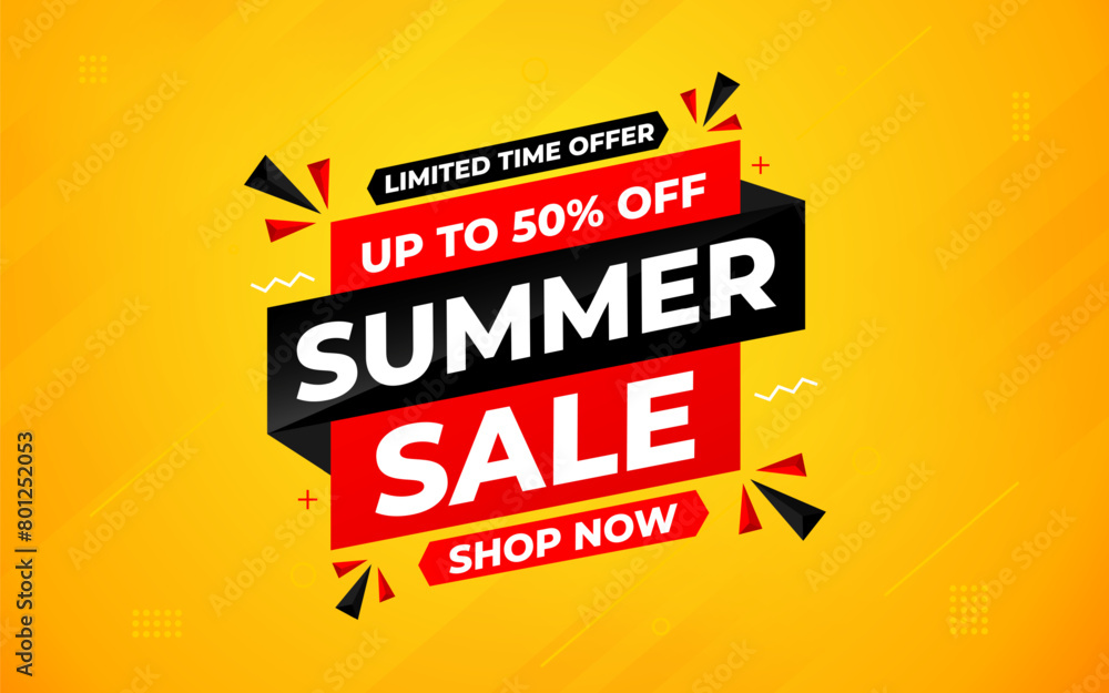 Naklejka premium Summer sale Discount banner. summer offer sale banner vector template. Sale label and discounts background, Discount Promotion marketing poster design for web and Social. Vector Illustration.
