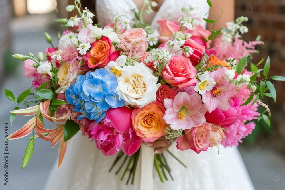 A bride holding a bouquet of colorful flowers A bride holding a bouquet of colorful flowers