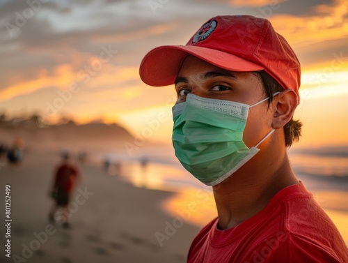 Lifeguard wearing a mask on beach at sunset