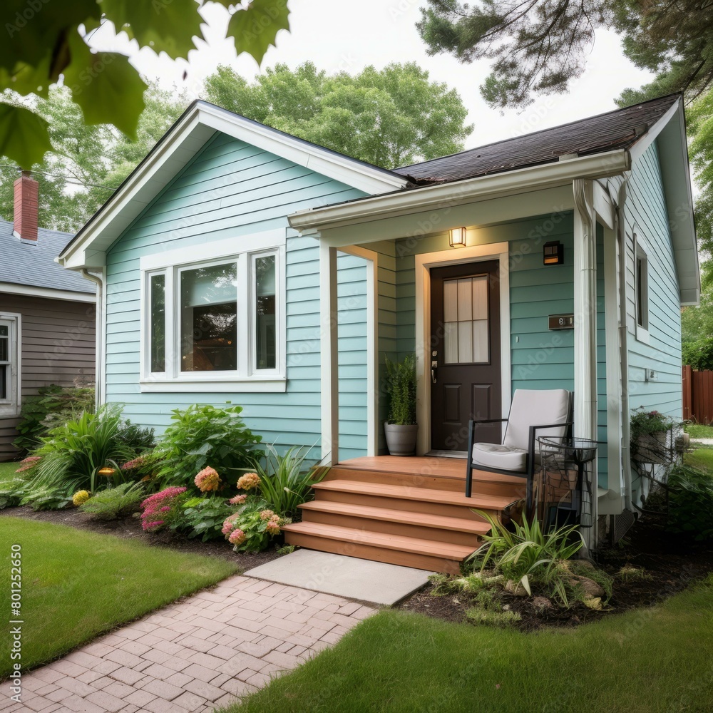 Small blue house with a garden