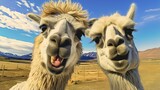 Two funny llamas looking at the camera