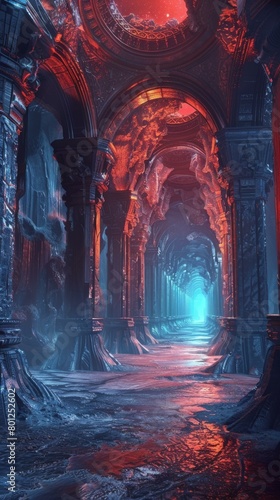 Mystical fantasy red and blue glowing temple