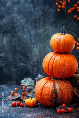 Stack of pumpkins on a wooden stump with a dark blue background