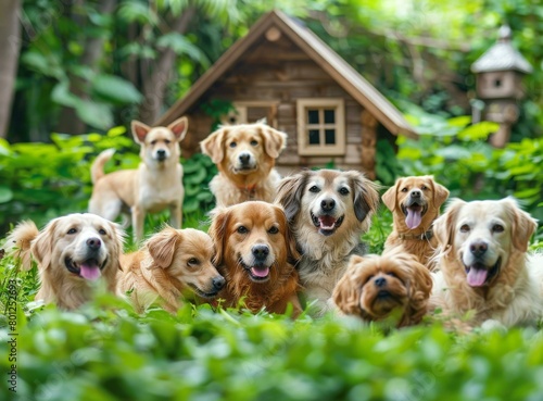 A group of dogs of different breeds in front of a wooden kennel