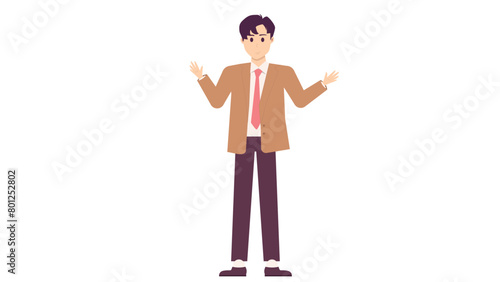 flat character of young man character with brown blazer suit explaining pose
